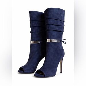 Halston Heritage Kendall Navy Suede Peep Toe Mid-Calf Stiletto Boots
